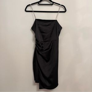 SILKY BLACK RUCHED DRESS WITH DIAMOND STRAPS AND ZIPPER - SIZE SMALL